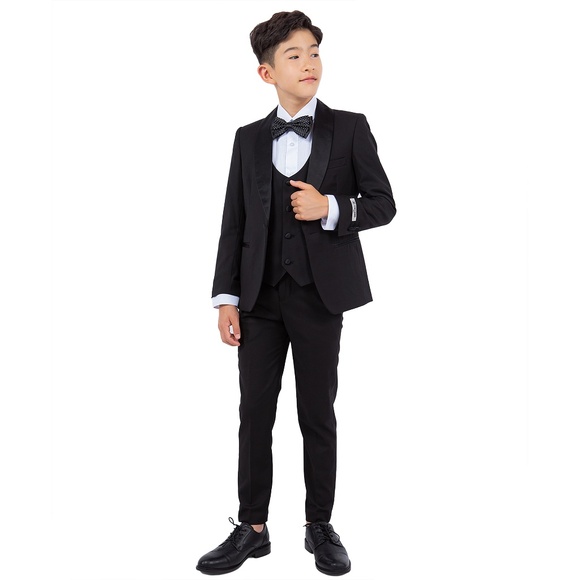 Solid Black Shawl Lapel 4 Piece Stacy Adams Boy's Tuxedo - Picture 1 of 5